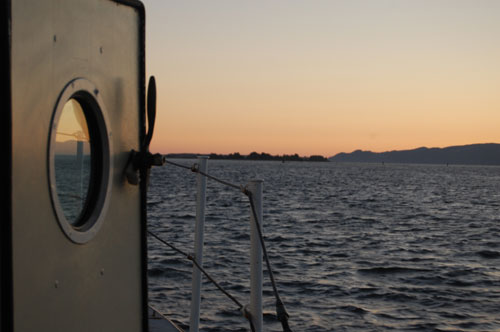 Sunset and the door of the galley
